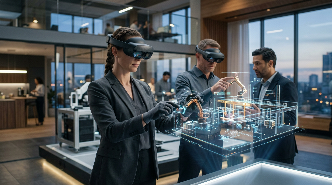 Realidade Virtual e AR em 2026 com profissionais usando headsets em ambiente corporativo | EuNerd