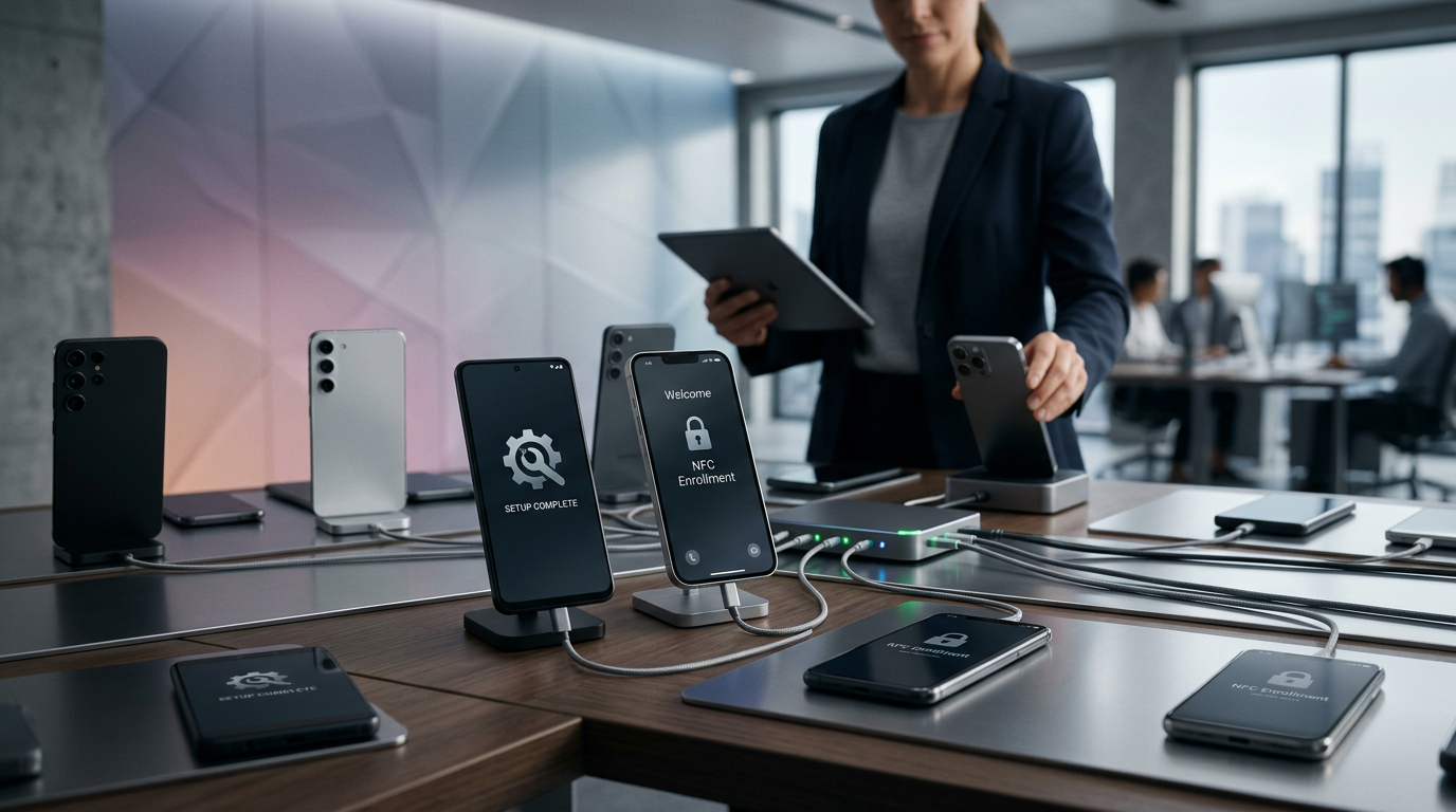 Smartphones Corporativos 2026 com Android Enterprise e iOS 18 configurados para gestão corporativa segura